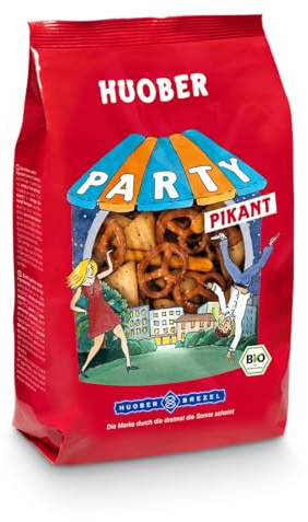 Huober Bio Party pikant, Salzgebäck Mix mit Mini Brezeln, Sesam-Cracker und Mohn-„Knabberle“, 12 Packungen 200 g (1 x 2,4 kg)