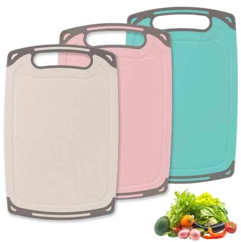 3 Stück Schneidebrett Set, 31 x 20 cm, Schneidebretter Kunststoff mit Saftrillen und Rutschfeste Griffe, Spülmaschinenfest Küche Schneidebrett, Frühstücksbrettchen