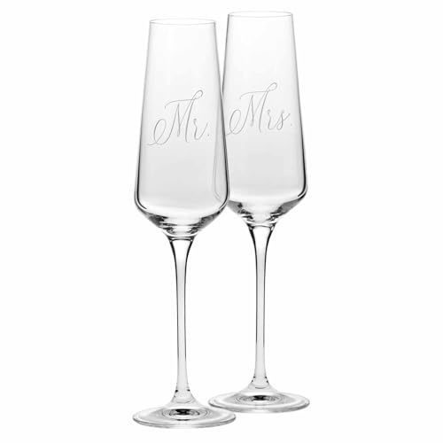 Krosno Champagnergläser Mr & Mrs 2er Set 180 ml - Prosecco-Sekt gläser - handgefertigt aus bleifreiem Kristallglas, matt weiß verziert - Hochzeitsgläser als Geschenk für Paare