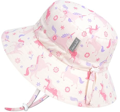 JAN & JUL Girls' Quick Dry Bucket Hat for Swimming, Size Adjustable Beach Hat for Toddlers (M: 6-24 Months, Unicorn)
