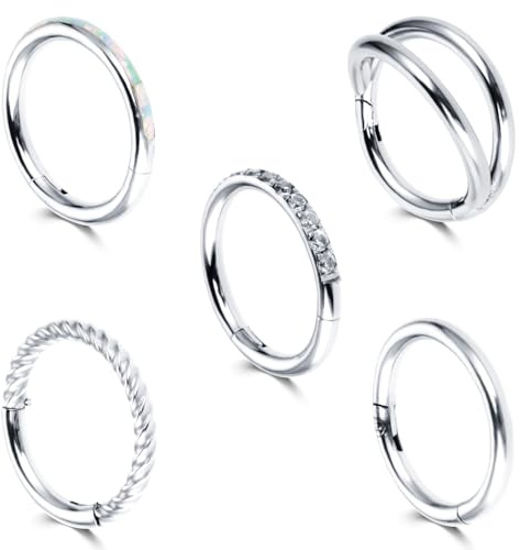HaiFafafaing 5pcs Nose Hoop 18G Helix Hoop Surgical Steel Hinged Clicker Cartilage Earrings Segment Thin Nose Rings Hoops Septum Piercing Jewellery Helix Lip Earrings for Women Men 8mm
