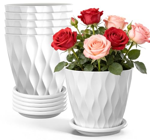 Exsink 6pcs Macetas Plástico,Macetas Redondas de y Ligeras (Blanco) | Tiesto Decorativo para Plantas,Macetas con Plato and Orificios de Drenaje,para Plantas de Bonsái de Interior Exterior Jardín