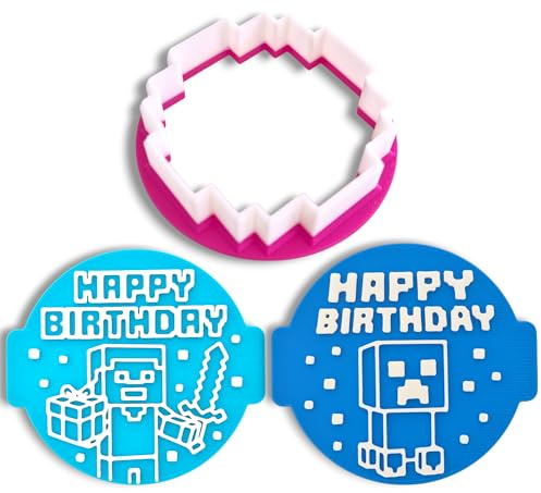 1066 Factory Happy Birthday BlockStyle Embosser Stamp Set 3-Piece (2 Stamps + 1 Cutter) – 6cm (2.36in) Professional Fondant, Icing & Sugarpaste Stamp for Cupcake Toppers, Cookies & Cakes – Made in UK