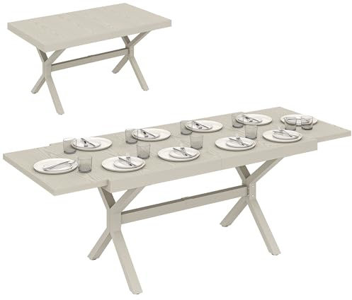 Outsunny Ausziehbarer Gartentisch für 8–10 Personen, 154/214 x 85 cm, ausziehbarer Esstisch für den Außenbereich aus Aluminium mit Tischplatte in Holzoptik, X-förmige Stahlbeine für Terrasse, Balkon