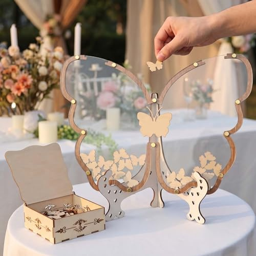 CHARMNAIL Gästebuch Hochzeit aus Holz, 60 Schmetterlinge für Wünsche, Wanddekoration mit Aufbewahrungsbox, Kreatives Hochzeitsgästebuch auch für Geburtstage und Geldgeschenke (1 Set)