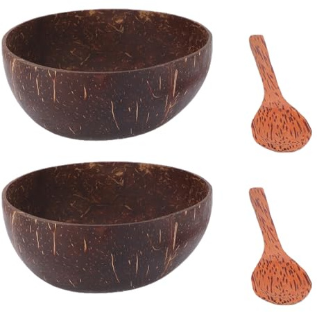 Haofy Juego de Cuencos de Coco Concha Hecha a Mano con Cucharas de Madera | El acabado resiste las astillas, sujeción cómoda para las comidas, ligero para picnics al aire libre, ensaladas de acai,