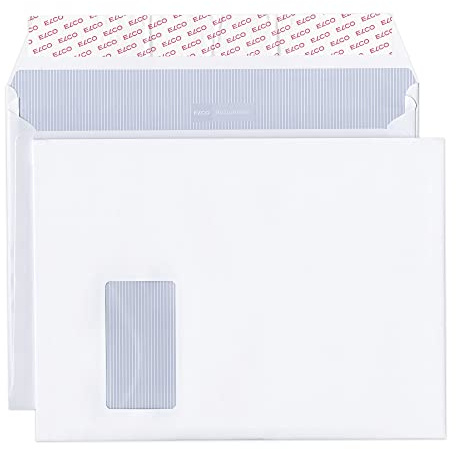 ELCO 48684 Documento Box mit Deckel und 200 Briefumschläge/Versandtasche, Haftklebeverschluss, C4, 120g, weiss Kraft, Fenster: ja, c4 (324x229mm) für papierformat a4 mit umlaufender 20mm seitenfalte