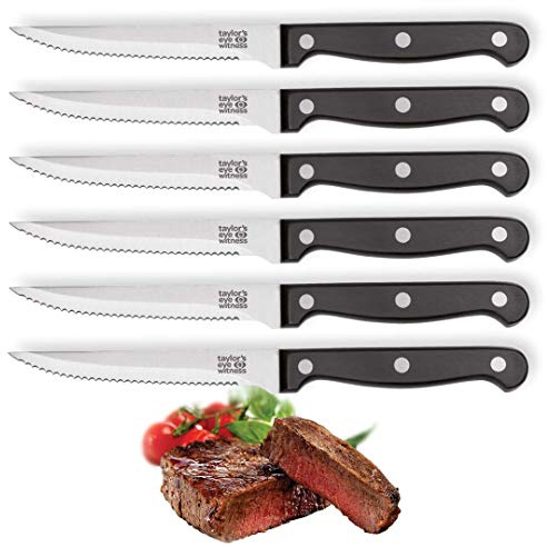 6 Piece Steak Knife Set - Six Traditional Knives. Sleek Triple Rivet Black Composite Handles. Strong Full Tang Stainless Steel Serrated/Scalloped Blades For Tough Cuts of Meat. Built to Last