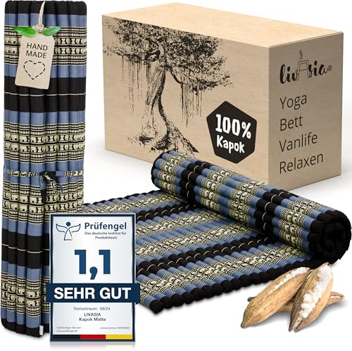 livasia Rollmatte XXL breit Doppelbett - 200x145x4,5cm - Gästebett Gästematratze 2 Personen mit Muster, Reisebett für Kofferraum und outdoor, Thaimatte Kapok Garten und Balkon (Blau/Elefanten)