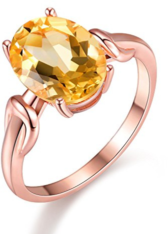 Uloveido 925 sterlingsilver ovalt skuren gul citrin kristall justerbar solitärring november månadssten rosa guldpläterade födelsedagsringar för kvinnor flickor presentförpackning FJ004, Kristall,