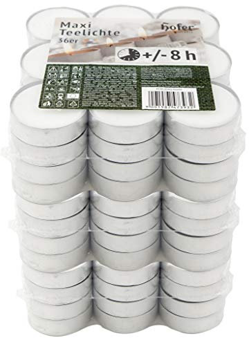 Hofer Maxi Tealight Candele Bianche - Non profumate - 108 Pezzi - Candeleine Grandi 57 x 25 mm - Durata di combustione 8 Ore - Tea Light Cera Antigoccia - 3 x Set di 36 Lumini