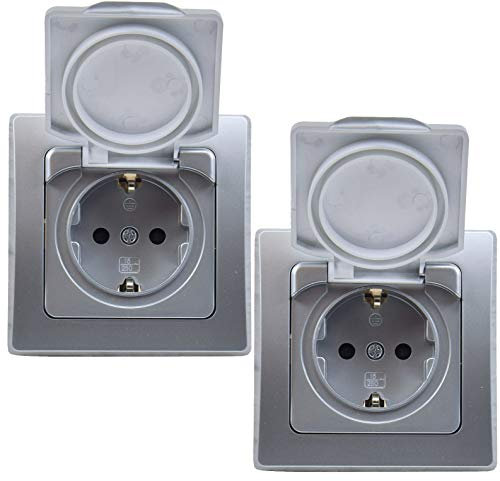 DELPHI Steckdose Unterputz IP44 2x Feuchtraum-Steckdose mit Schutz-Deckel - mit Gummidichtung für Innen Aussen - Küche Bad Terrasse Balkon - Grau Silber