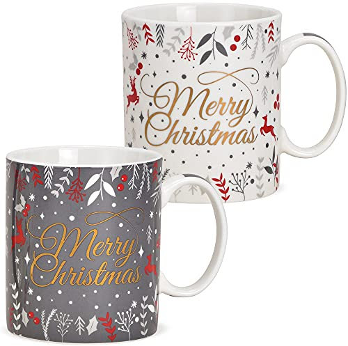 Jumbotassen 2er Set Merry Xmas in weiß grau - Amerikanische Porzellan Kaffeebecher als Weihnachtstassen in 400ml - Große Kaffeetassen für Weihnachten spülmaschinenfest mikrowellengeeignet