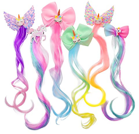 Locken Haarverlängerung Clips, 6Stück Little World Haarsträhnen Kinder Einhorn Bogen Prinzessin Haarspangen Mädchen Haarschmuck Bunte Haarsträhnen, Haarschmuck Mädchen Bunte Haarteile Party Ankleiden