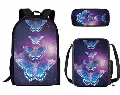 Binienty Rucksack für Kinder Jungen Mädchen Schule Büchertasche mit Lunchbox und Federmäppchen Büchertasche Set für Grundschule, Galaxy Butterfly, Einheitsgröße