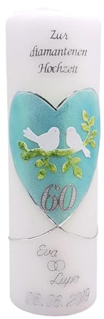 Hochzeitskerze DH-27 Diamantene Hochzeit inkl. Namen und Datum in vers. Farben HANDVERZIERT - Geschenkverpackung/Kerzenständer optional