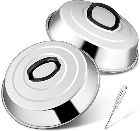 Joyfair 12 Inch Stainless Steel Cheese Melting Dome Set of 2, Large & Round | Basting Burger Cover for Griddle Grilling/Outdoor Camping/Flat Top Teppanyaki, Heat-Proof Handle & Dishwasher Safe