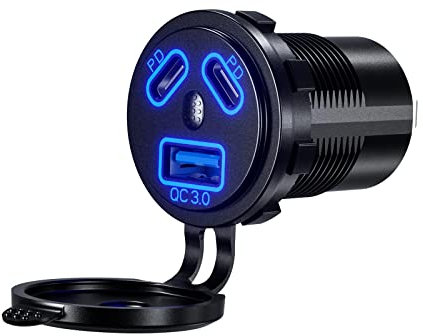 Thlevel Presa USB QC3.0 Caricatore Auto 45W PD Tipo C Caricabatteria Adattatore Impermeabile con LED Indicazione e Interruttore Touch per 12V 24V Moto Camper Camion Barche