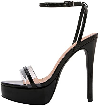 Sandali sexy con tacco alto, da donna, estivi, con bocca di pesce, 10 cm, a spillo, con cinturino aperto e fibbia per feste, per il tempo libero, matrimoni, scarpe da sera con tacco alto, Nero , 37