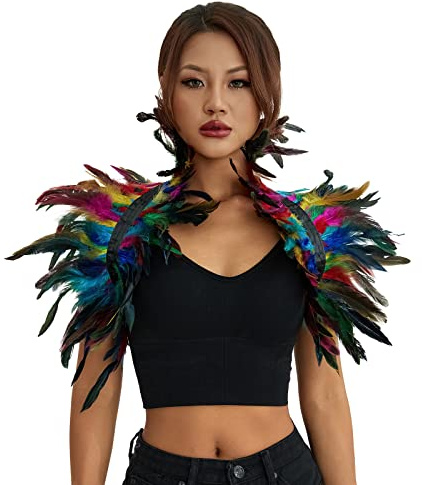 ESSECMBS Womens Natural Feather Cape Costume Gothic Lacing Shawl Shrug Collar Feather Cloak for Halloween Cosplay Christmas Party (Colorful, Standard)