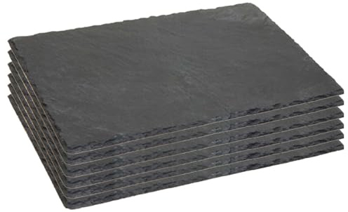 Tradineur - Pack de 6 Platos de Pizarra Rectangular, Bandeja para hosteleria, Servicio y degustación, Canto rústico, Tabla de Piedra Natural para Servir Aperitivos - 40 x 30 cm