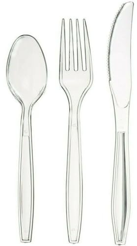 Pack of 150 Heavy Duty Reusable Clear Plastic Cutlery Set [ 50 Spoons, 50 Forks, 50 Knives Set ] Perfect for for Birthday Parties Buffets Picnics BBQ's Weddings Camping