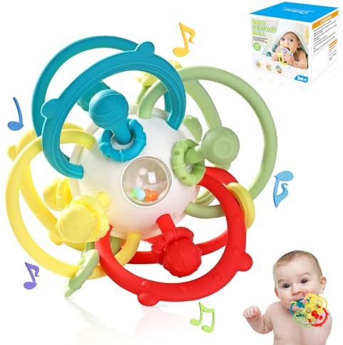 Orzbow Greifball Baby Montessori Spielzeug, Baby 0-18 Monate - Zahnungshilfe Beißring, Kühlend, BPA-frei Rassel mit Sensorik Bällen