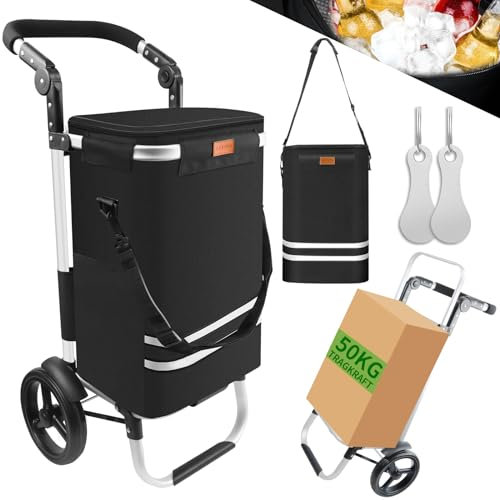 Allyson® Einkaufstrolley Klappbar, Einkaufswagen mit 56L Kapazität & Wasserdichter Tasche, Shopping-Trolley mit Geräuschlosen Rädern & Belastbar bis 50kg, Trolly mit Kühltasche & Reflektoren – Schwarz