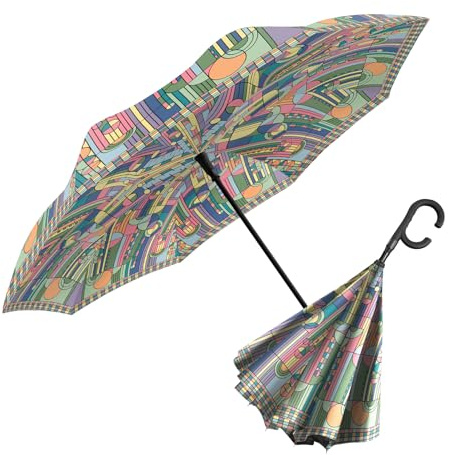 RainCaper Frank Lloyd Wright Reverse Inverted Windproof Reverse Opening Upside Down Umbrella with C-shaped Handsfree Handle (FLW Saguaro Forms)