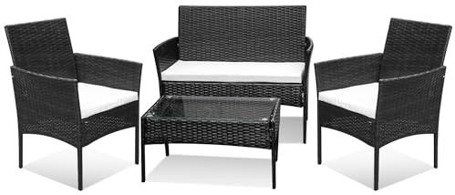 Vigevee Polyrattan Sitzgruppe, 7-teilige Gartenmöbel Set, Wetterfest, Balkonmöbel mit 2er Sofa, 2 Stühle, Tisch & Sitzkissen, Garten Loungemöbel Schwarz