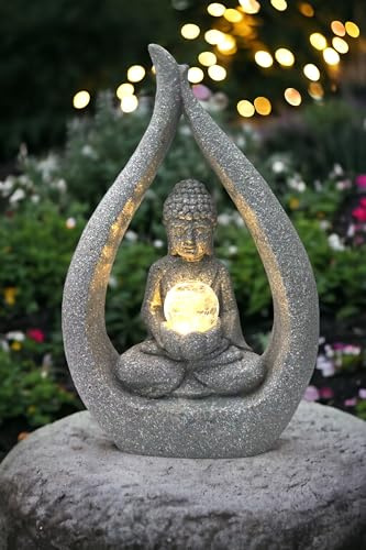 Arnusa Solar Gartendeko Buddha Skulptur Granit-Optik mit Glaskugel Moderne Solarlampe 30x15x46 cm abstrakt Outdoor