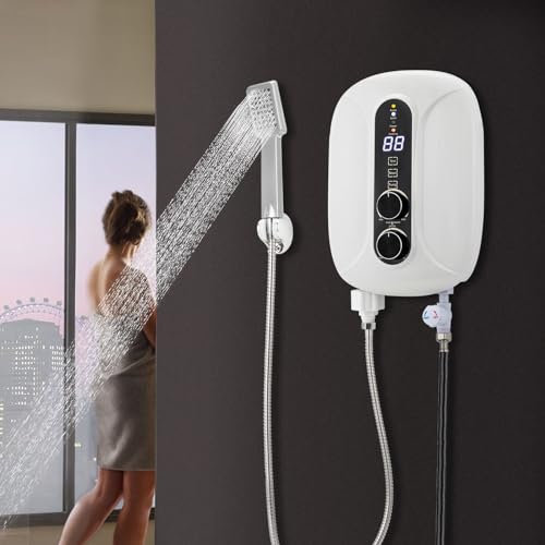 Chauffe-eau instantané électrique, mini chauffe-eau instantané 5500 W avec pomme de douche et affichage LED, 220 V IPX4 étanche chauffe-eau instantané à chauffage rapide pour cuisine salle de bain