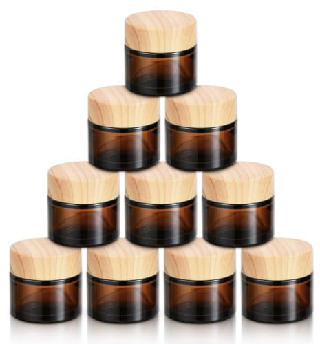 Fanchu 10 Stück Creme Behälter, Amber Glas Leer Cremetiegel, 10ml Cremedosen zum Befüllen Glasbehälter mit Deckel und Liner für Kosmetik Cremes Lotionen ätherische Öle