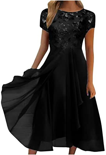 Vestito Lungo Estivo Donna Elegante Abito Donna Elegante Estivo Maniche Medie Vestito Cerimonia in Pizzo Abito Lungo Vita Alta Abito alla Moda per Festa Compleanno Nozze Vestito Donna Damigella