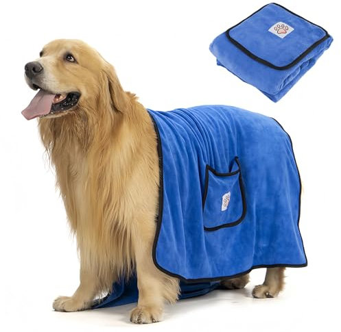 heavenlife Badehandtuch für Hunde, Handtücher Schnelltrocknend Groß Hund 130X70cm, Hundehandtuch Mikrofaser 400gsm Extra Weich, Handtuch Extra Saugfähig Mit Taschen für Haustier (Blau)