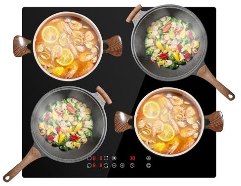 Panana Built-in 4 Zones Induction Hob, Induction Hobs with Slim Black Crystal Panel Body, Independent Control, Induction Cooker with 10 Temperature Setting,99 Mins Timer,7600W, Safety Lock-No Plug