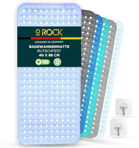 o ROCK Badewannenmatte Weiß, 88 x 40cm - Badematte rutschfest mit 2 Selbstklebende Haken zum Aufhängen – Duschmatte mit Abflusslöchern – BPA-, & Latexfrei Antirutschmatte für Badewanne (White)