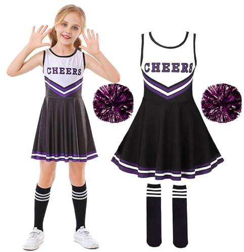 XFOZDM Cheerleader Kostüm Pompom Mädchen Kostüm Cheerleader Shorts Girl mit Pompoms und Socken Uniform Mädchen für Karneval Halloween Cosplay Outfit,Schwarz 150
