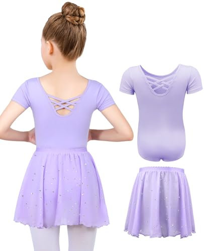 MYSSUCI Ballettkleidung Mädchen Ballettkleid Kinder Kurzarm Baumwolle Ballettanzug Tanzbody Tanzkleid mit Chiffon Rock Tütü 3-11Jahre (Violett, 110)