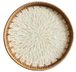 Plateau de Service Décoratif en Rotin, Plateau Rond en Rotin avec Incrustation de Nacre Plateau de Rangement Décoratif Plateau de Table Rustique pour Petit Déjeuner Boissons Collation Pain