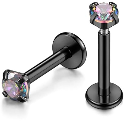 Zysta 16g 316L Stainless Steel Labret Monroe Lip Ring/Tragus/Helix Piercing Jewellery Flat Back Earrings, 3mm Cubic Zirconia, 8mm Bar Length (Black)