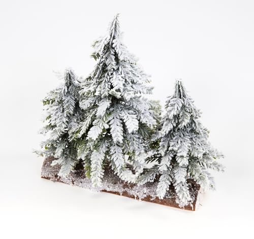 Seidenblumen Roß 3er-Tannenbäumchen mit dickem Schnee 28x30cm auf halbem Holzstamm HB künstlicher Tannenbaum Weihnachtsbaum Tannen Dekotanne
