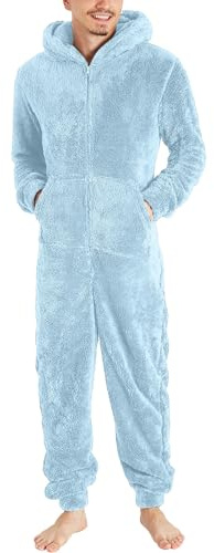 Cexiakong Pijama largo para hombre, mono de invierno de una pieza, pijama de peluche, traje de casa de forro polar, traje de cuerpo completo con cremallera con capucha a la moda, cálido, abrigo de