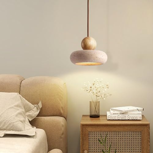 LED Hängeleuchte Gelber Travertin Pendelleuchte Wabi-Sabi Stil Massivholz Runde Kugel Hängelampe Aus Naturstein Klein Kronleuchter Für Bar Schlafzimmer Wohnzimmer Esszimmer Nachttisch Pendellampe(A)