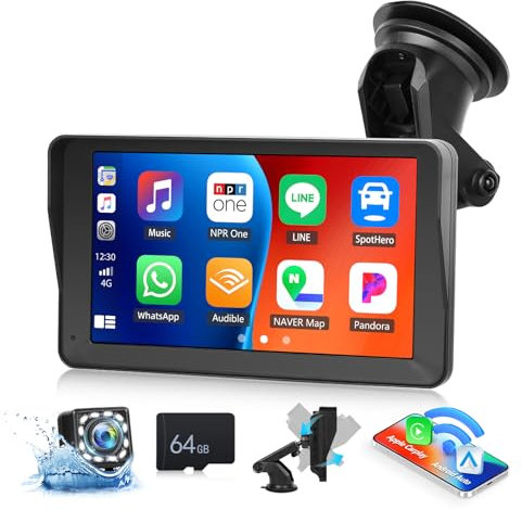 CAMECHO [2025] Navigationsgerät mit Wireless Carplay Android Auto, 7 Zoll HD Touch Display mit Dual-Bluetooth FM Transmitter Airplay mit AUX Kabel Dash Mount Rückfahrkamera +64G TF Karte