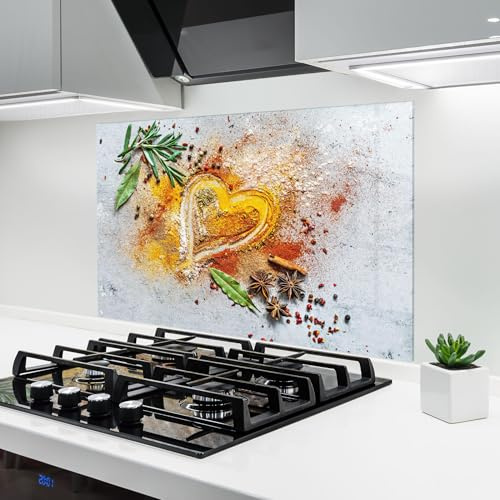ARTHUB® Küchenrückwand aus Glas 50x70 cm, 4mm ESG | Spritzschutz, Glasplatte, Herdspritzschutz, Wandschutz für Herd, Hartglas, Lebensmittel, Gewürze, Heart Spice Powders