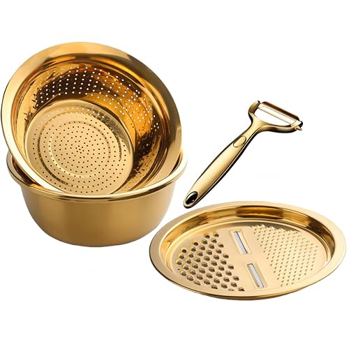 4-teiliges Edelstahl-Sieb-Set – Gold Gemüseschneider mit Schäler, rostfrei & leicht, Küchensiebkorb, Salate und Aufläufe, Schüssel für Mahlzeitenvorbereitung