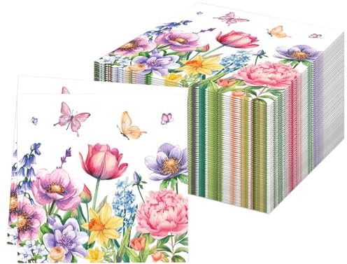 60Stück Bunt Blumen Schmetterling Servietten,Frühling Sommer Papierservietten Paper Napkins Schmetterlinge Wegwerfservietten Bedruckte Blumen Papiertaschentücher Partyzubehör Tischdekoration,33 x 33cm