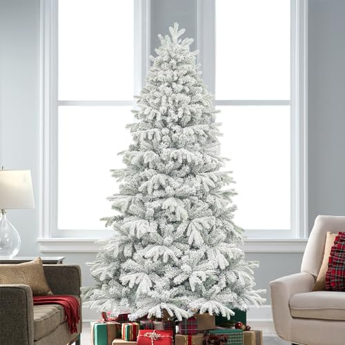 KI Store 7ft Flocked Christmas Tree Unlit Realistic Downswept Artificial Hinged Christmas Fir Tree with Snow Flocking