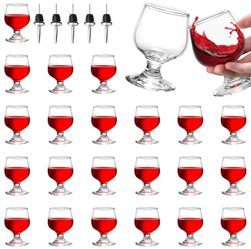 SUN GKOTTA 3.5oz/100ml Mini Brandy Shot Glasses Bulk of 24 with 5 Pourers,Cute And Clear Snifter Glass Set for Tasting Cognac,Bourbon,Wine,Tequila,Port,Vodka,Whiskey,Sherry,Party,Bar